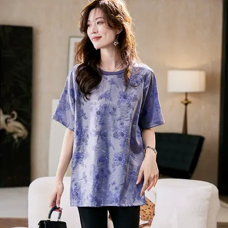 宝诗黎中长款亮丝提花T恤2025夏季慵懒气质减龄显瘦百搭短袖上衣图片