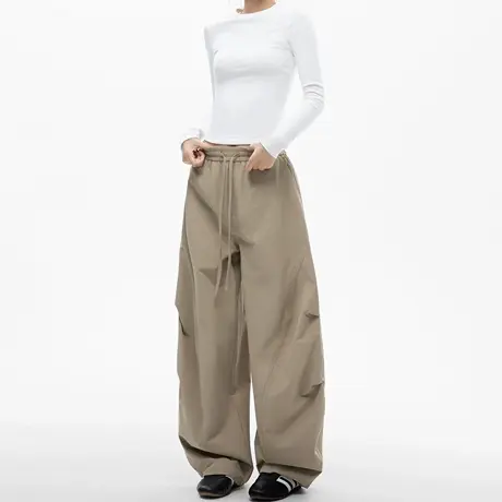 美式复古纯色阔腿抽褶弯刀裤女2025夏季新款高街潮牌宽松休闲长裤商品大图