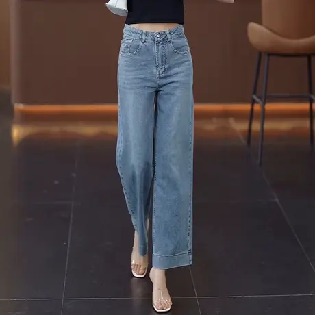 蓝色轻薄舒适牛仔阔腿裤女2025夏季新款时尚百搭九分裤窄版直筒裤商品大图