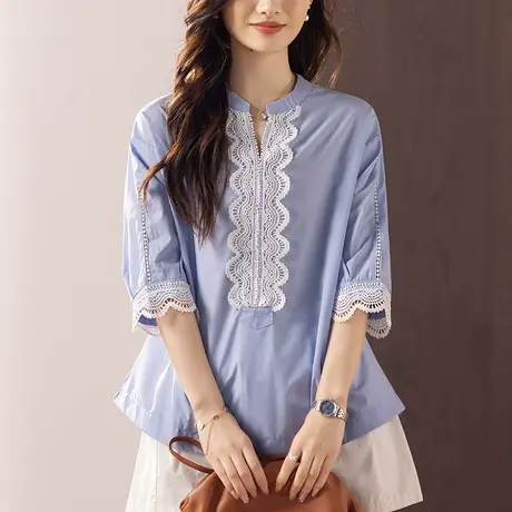 衬衫女短袖夏季新款加肥加大码女装宽松洋气蕾丝拼接百搭休闲衬衣商品大图