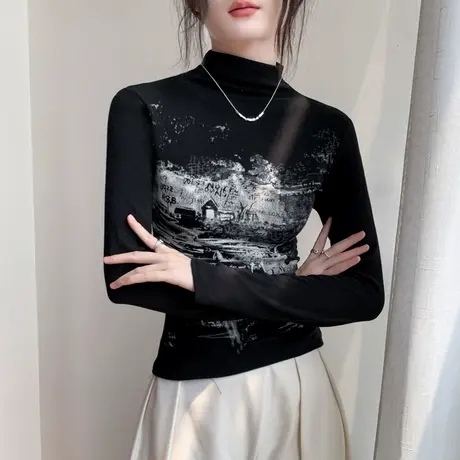 水墨画半高领打底衫女秋冬黑色加绒复古修身别致正肩内搭长袖T恤图片