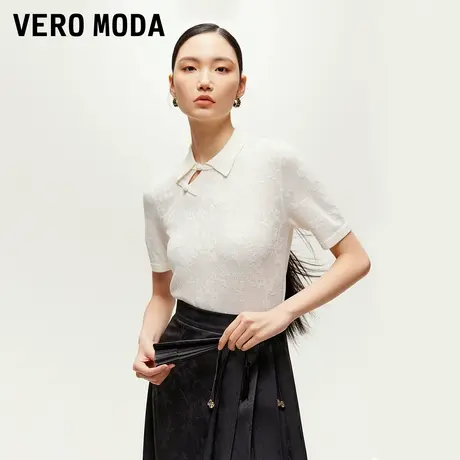 Vero Moda奥莱针织衫女2025春秋新款翻领盘扣提花新中式短袖毛衣图片