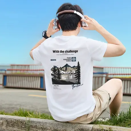 唐狮春夏新款男短袖T恤后背印花宽松圆领上衣潮流内搭打底衫t官方图片