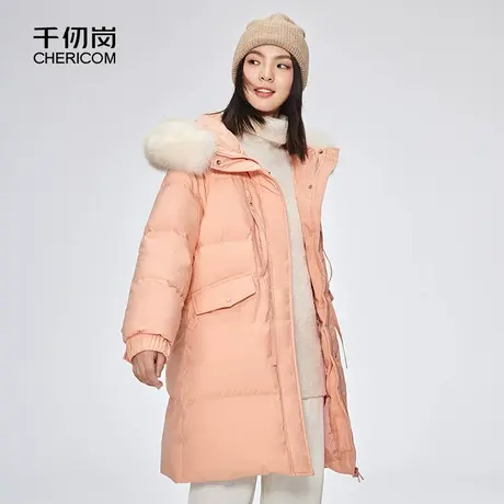 千仞岗秋冬中长款连帽大毛领羽绒服女H版显瘦加厚冬装I商品大图