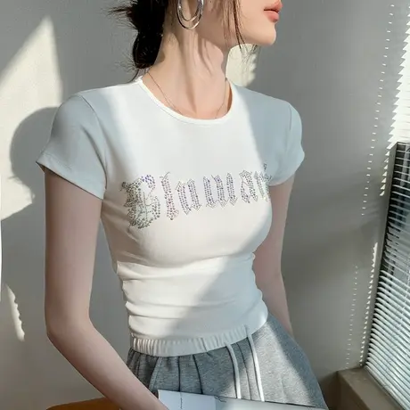 圆领烫钻字母短袖T恤女2025夏季纯棉正肩修身显瘦薄款百搭上衣商品大图