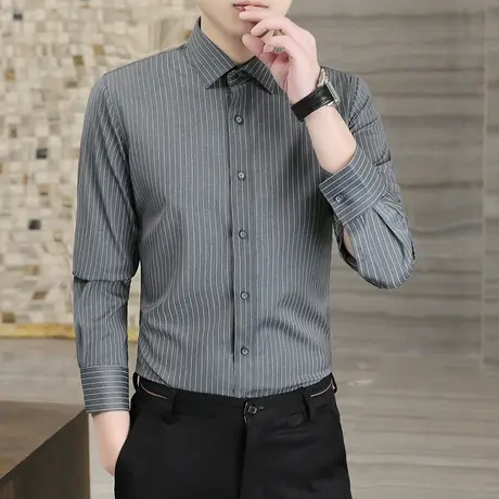 春秋季高级感男士长袖条纹衬衫商务休闲衬衣修身免烫男人寸衫上衣商品大图