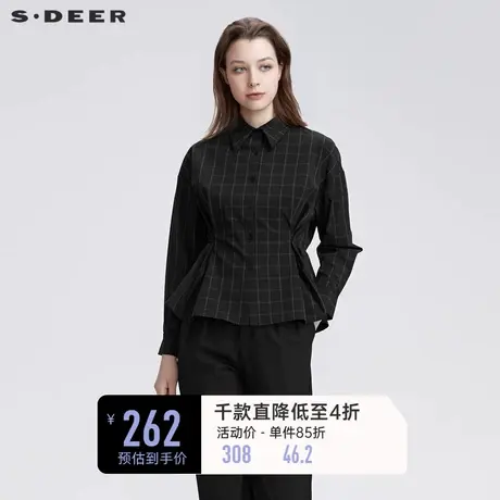 sdeer圣迪奥春装休闲上衣女翻领撞色格纹抽褶长袖衬衫S22180529🍁商品大图