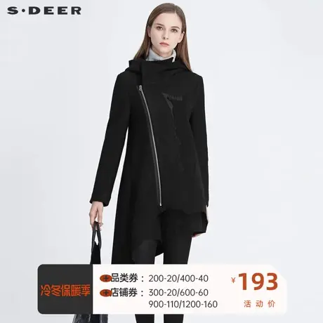 sdeer圣迪奥女装高领连帽斜襟做旧磨破毛呢大衣女外套S20481703🕦商品大图