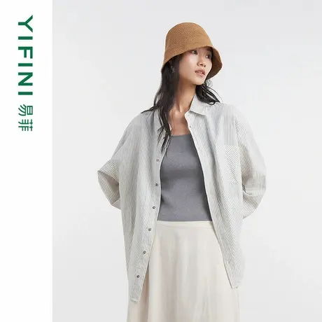 [专柜同款]Yifini/易菲木棉麻感条纹宽松衬衫时尚百搭上衣外套女图片