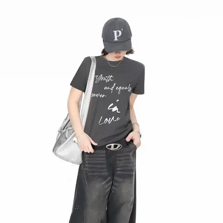 2025夏季新款正肩短袖T恤女发泡印花潮酷辣妹风修身短款半袖上衣图片