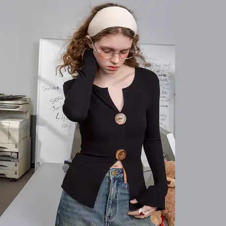 a02设计感开衩针织衫V领显瘦上衣2025春季修身显身材女式T恤商品大图