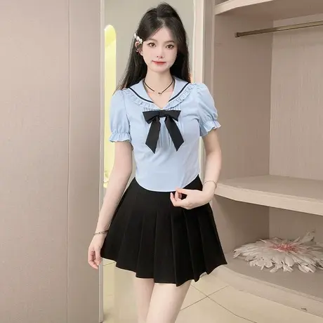 乡美媚2025新款法式学院风减龄气质上衣女夏季蝴蝶结短袖衬衫商品大图