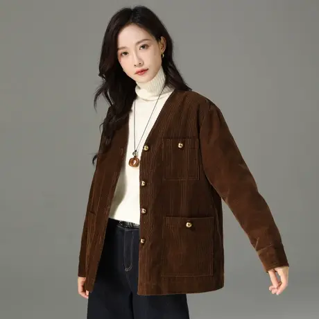 冬新款加绒女装冬季美拉德灯芯绒外套女开衫条绒上衣白鸭绒羽绒服商品大图