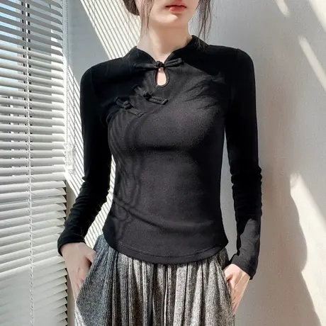 新中式旗袍领长袖T恤女2024秋季新款修身纯色国风别致内搭打底衫图片