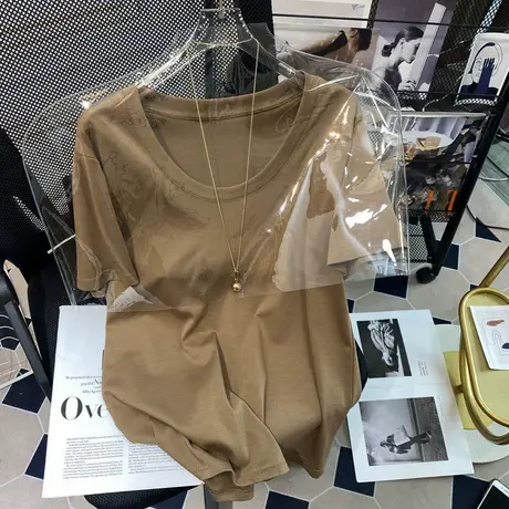 大领口t恤女宽松纯棉圆领ins潮小众设计感轻熟百搭纯色短袖上衣夏商品大图