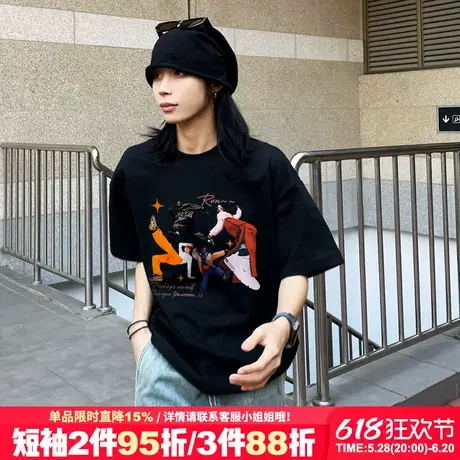 hiphop嘻哈风潮牌黑色短袖t恤女设计感宽松正肩显瘦重磅半袖上衣商品大图