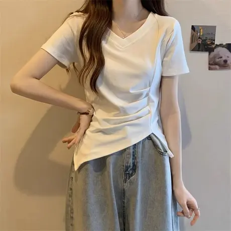 不规则下摆短袖T恤女夏装韩版修身内搭打底衫短款V领正肩褶皱上衣商品大图