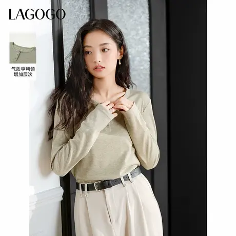 LAGOGO纯色亨利领淡人简约长袖T恤女拉谷谷2025春新款柔软打底衫图片