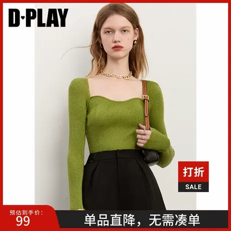 DPLAY秋装新温柔气质甜美绿长袖针织衫复古方领简约小个子上衣商品大图