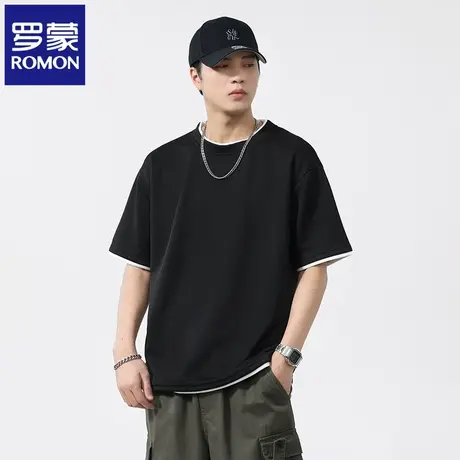罗蒙夏季宽松男士短袖上衣重磅百搭休闲圆领华夫格T恤2025新款N1Z商品大图