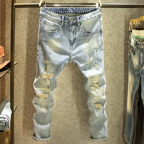 九分裤男士夏季薄款修身小脚裤潮牌破洞刮烂乞丐牛仔裤男街头痞帅图片