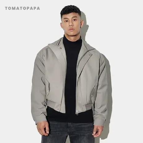 TOMATOPAPA飞行夹克新款男秋冬美式复古短款拉链开衫纯色男子外套图片