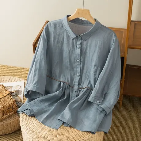 享永子七分袖苎麻衬衫文夏艺复古宽松娃娃衫上衣腰线设计2024新款图片