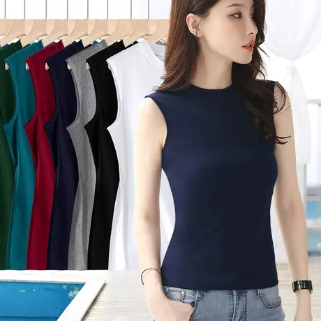 藏蓝色大码无袖打底衫中领立领半高领夏季女上衣紧身修身女装夏装图片