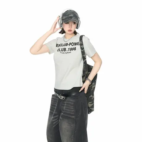 2025夏季新款正肩短袖T恤女潮牌辣妹街头风短款印花潮流半袖上衣商品大图