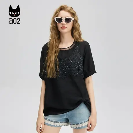 a02假两件蕾丝烫钻宽松圆领短袖T恤女2025新款夏季薄款设计感上衣图片