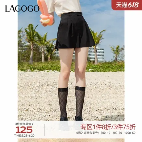 LAGOGO高腰黑色压褶短裤女拉谷谷2025年夏季新款百搭直筒宽松裤装商品大图