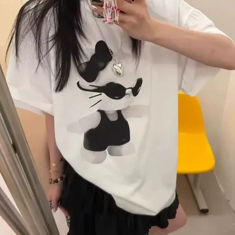 韩国东大门夏季新款韩版时尚休闲百搭KT猫印花减龄垫肩短袖T恤女商品大图