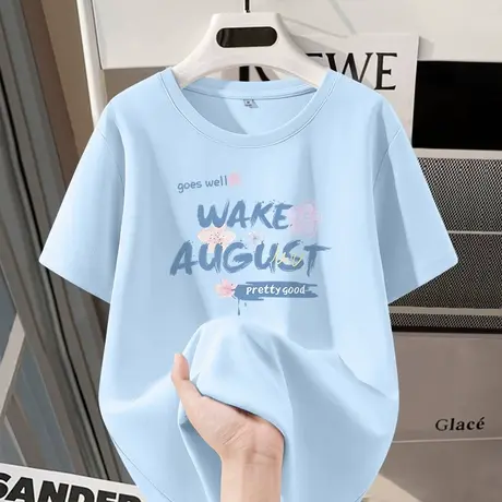 KWV真维斯纯棉短袖女t恤2025新款夏蓝色上衣女适合胖mm的大码夏装图片