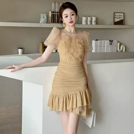 慵懒风减龄遮肚子网纱连衣裙女通勤复古褶皱显瘦气质荷叶边裙子商品大图