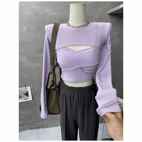 软绵质感～ins韩系交叉吊带披肩长袖T恤两件套短款上衣春新款2022图片