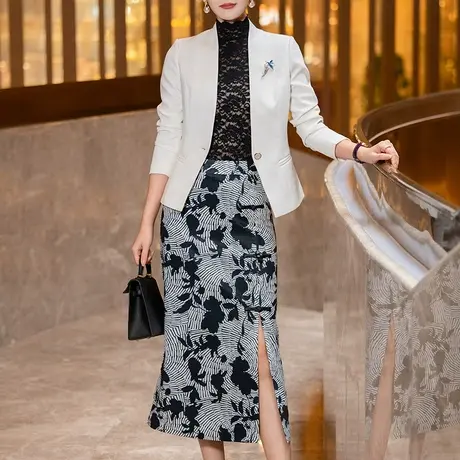 新中式套装2025年春装新款时尚气质白色百搭长袖西装半身裙两件套商品大图