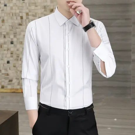 春秋季男士衬衫条纹长袖韩版修身商务休闲衬衣抗皱寸衫翻领上衣服商品大图