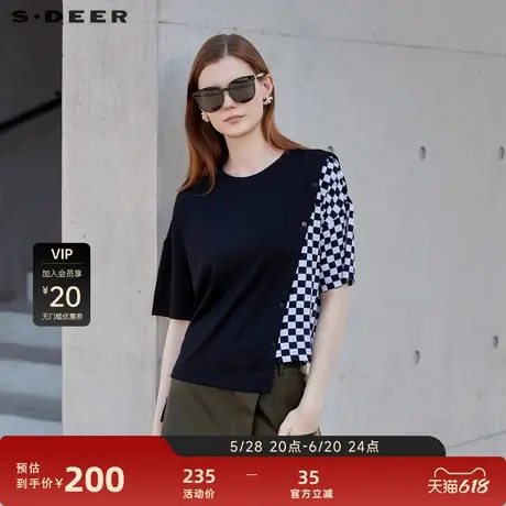 sdeer圣迪奥女装圆领格纹拼接不规则短袖T恤S23280118图片