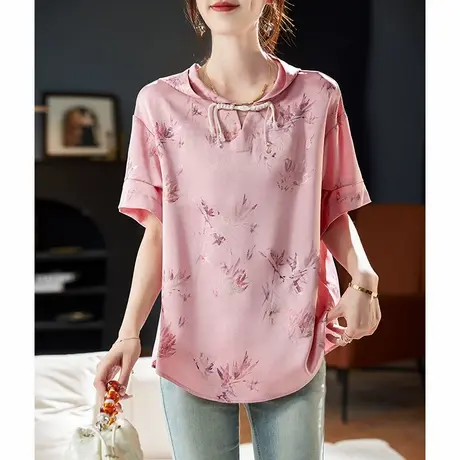 宝诗黎连帽新中式印花短袖雪纺衫2025夏季气质宽松百搭小衫女装图片