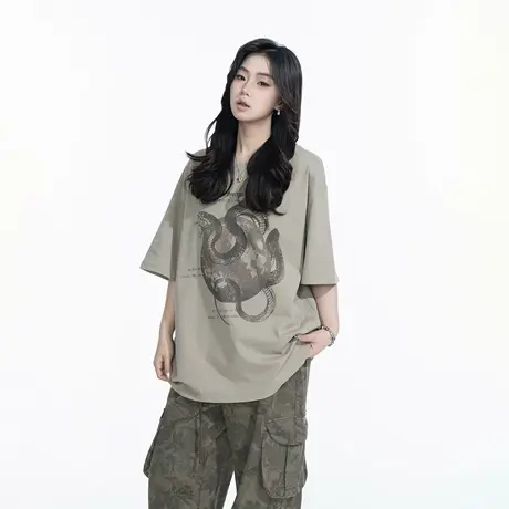 YEP2025新款夏季潮酷美式复古印花T恤女短袖街头风宽松半袖上衣商品大图