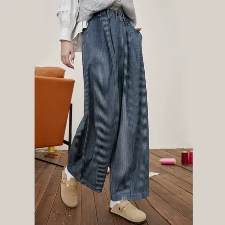 a02宽松经典撞色条纹设计舒适女式休闲裤春季新款高腰百搭阔腿裤商品大图