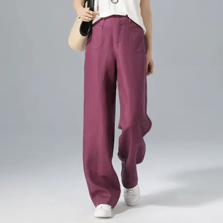紫色高腰天丝亚麻阔腿裤女夏季薄款2025新款裤子休闲宽松直筒裤夏图片