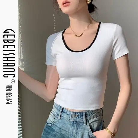 歌倍尚撞色圆领短袖T恤女2025夏季透气修身显瘦百搭设计感上衣潮商品大图