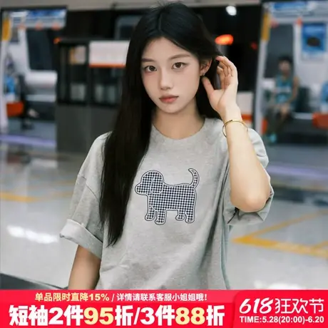 vintage可爱格子狗狗印花灰色短袖t恤女夏季新款宽松通勤风上衣潮商品大图
