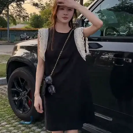 韩系圆领拼接蕾丝无袖连衣裙2025夏季新款女洋气减龄百搭显瘦裙子商品大图