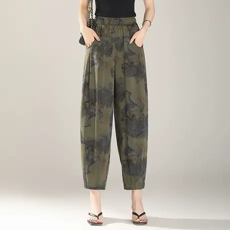时尚花苞裤女夏季2025新款薄款显瘦松紧高腰哈伦萝卜裤九分花裤子商品大图