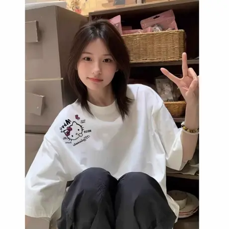纯棉可爱kt猫短袖t恤女2025新款爆款设计感小众美式宽松半袖上衣商品大图