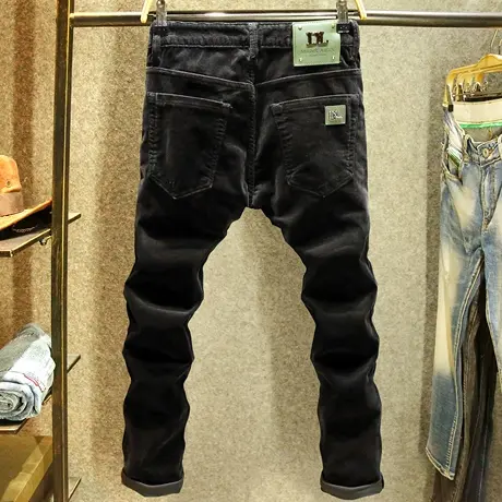 黑色灯芯绒裤子男休闲裤修身直筒弹力长裤潮流时尚条绒保暖裤子厚图片