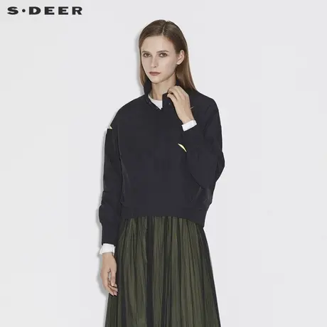 sdeer圣迪奥女装春秋装立领撞色破洞黑色通勤短款外套S21362224图片