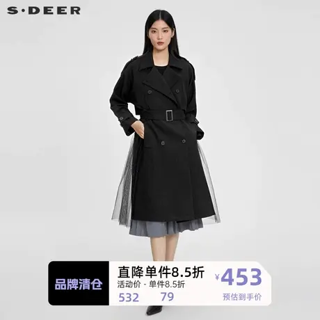 sdeer圣迪奥女装时尚翻领收腰网纱长款风衣S231Z1810图片
